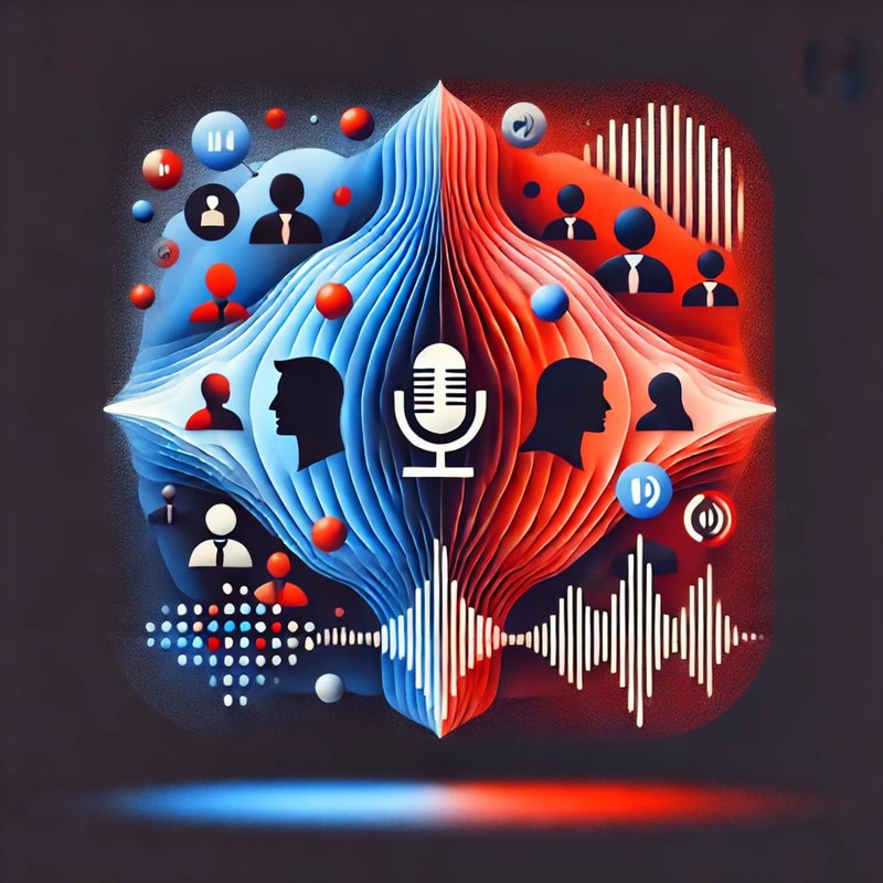 Abstract art of blue and red waves meeting at a microphone, with profiles and sound waves.