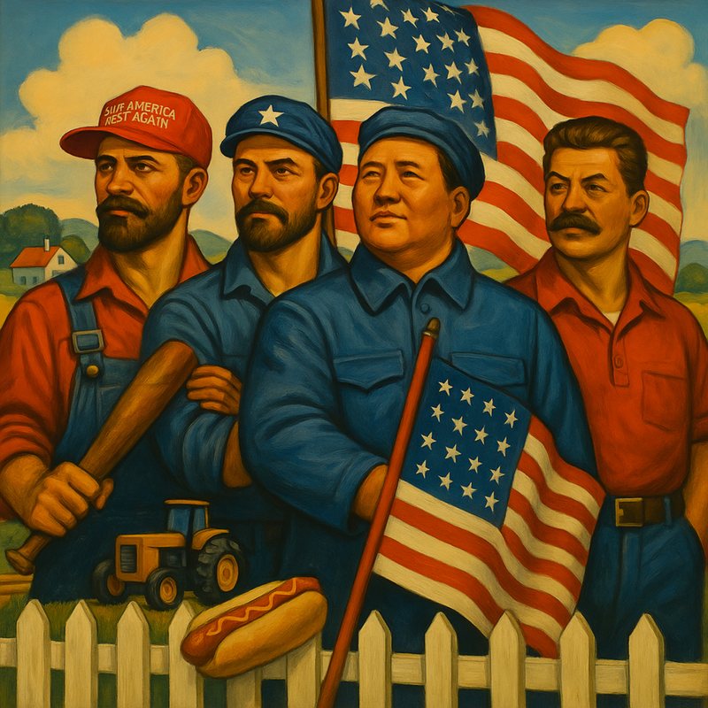 Painting of four men in work clothes, one in a "Make America Great Again" cap, with flags, a hot dog and a tractor.