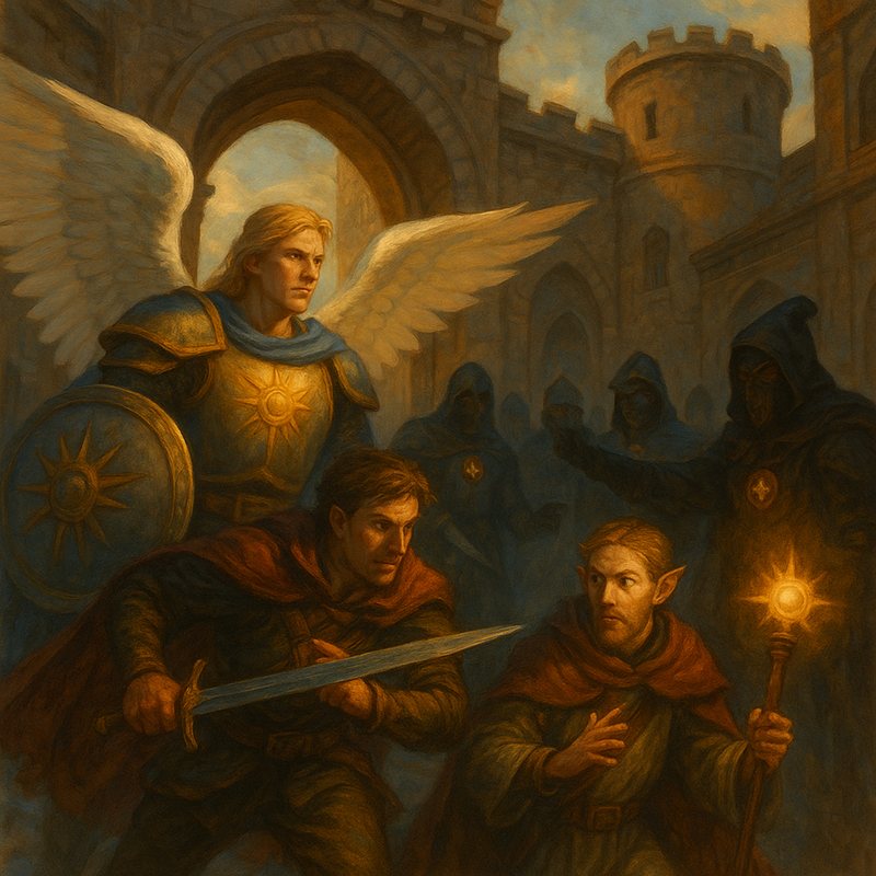 Painting of a winged armored angel leading adventurers past hooded figures in a castle courtyard.