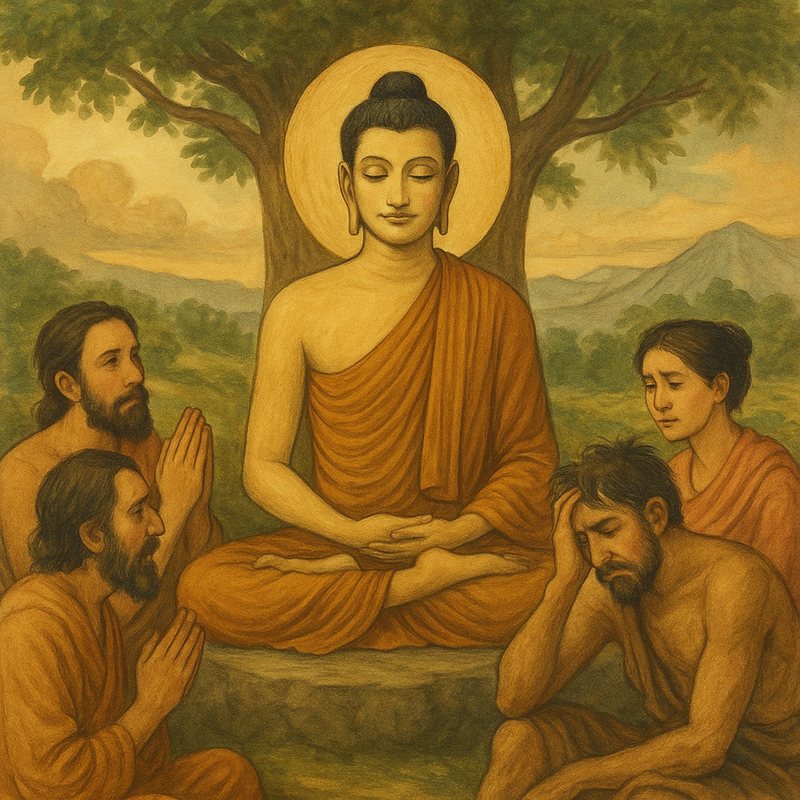 Painting of the Buddha meditating under a tree, surrounded by grieving followers.