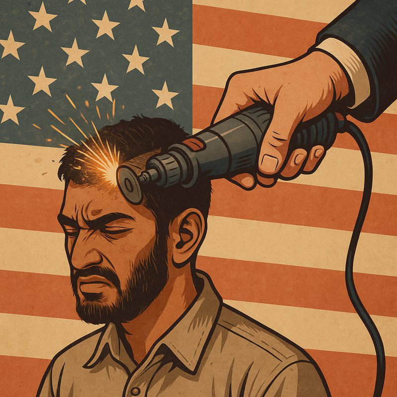 Illustration of a hand running a grinder across a man's head before an American flag.