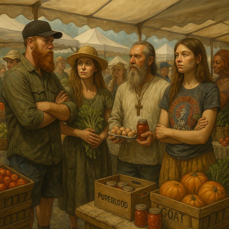 Painting of a farmers market crowd with eggs, jars of honey, pumpkins and a crate marked "Pureblood."