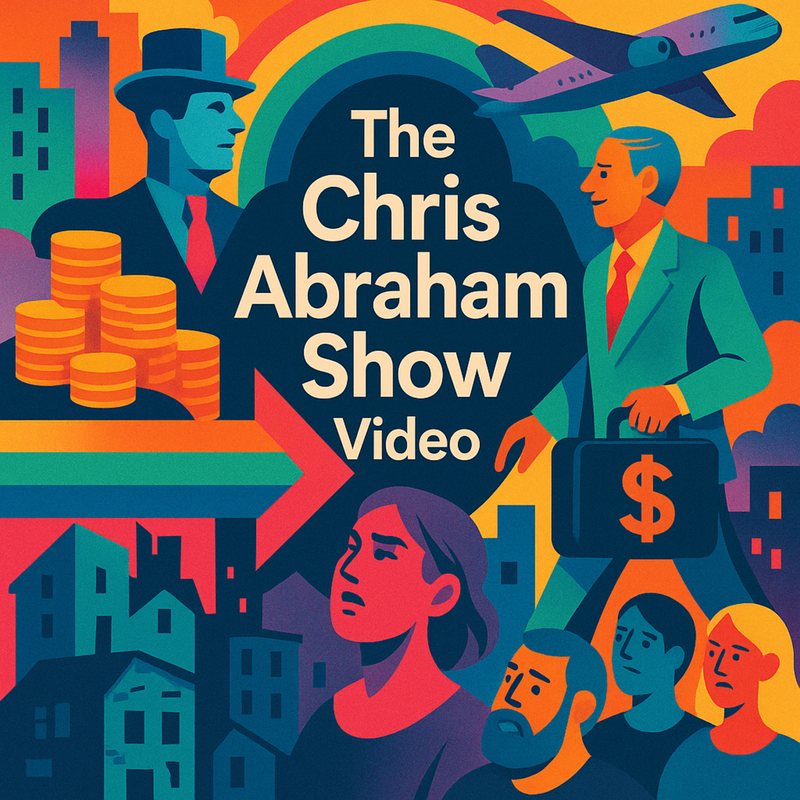 Colorful poster of travelers, coins, a briefcase and a plane leaving a city: "The Chris Abraham Show Video."