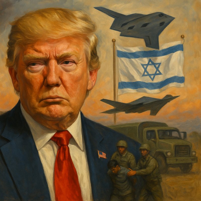 Painting of Donald Trump before an Israeli flag, with stealth bombers and soldiers behind him.