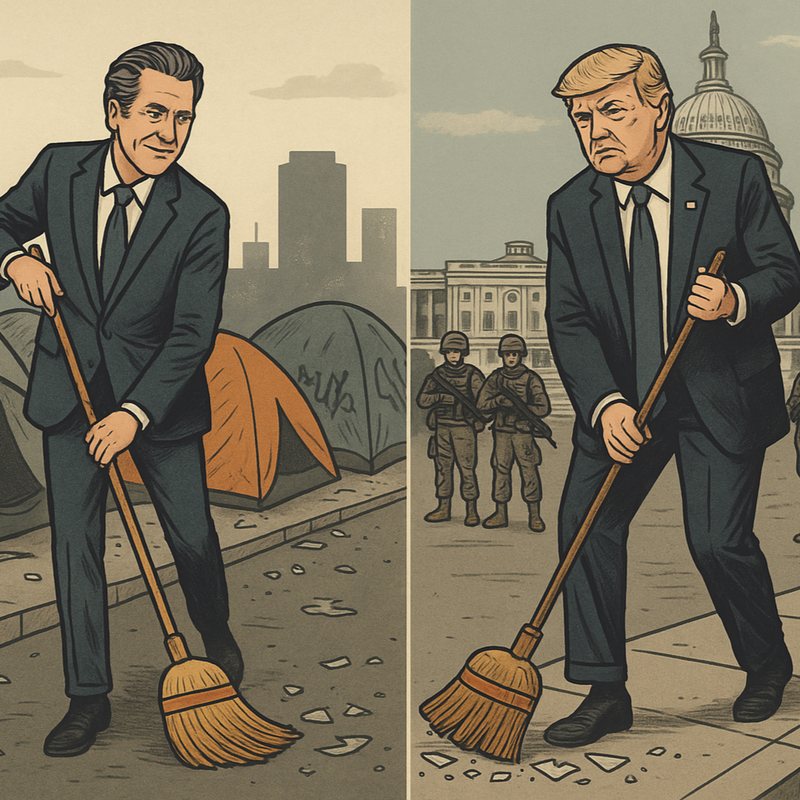 Split illustration of two men sweeping streets, one by a homeless camp and Donald Trump by the White House.