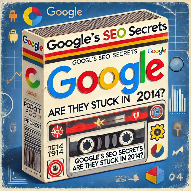 Illustrated cereal box reading "Google's SEO Secrets: Are They Stuck in 2014?" with a cassette tape.