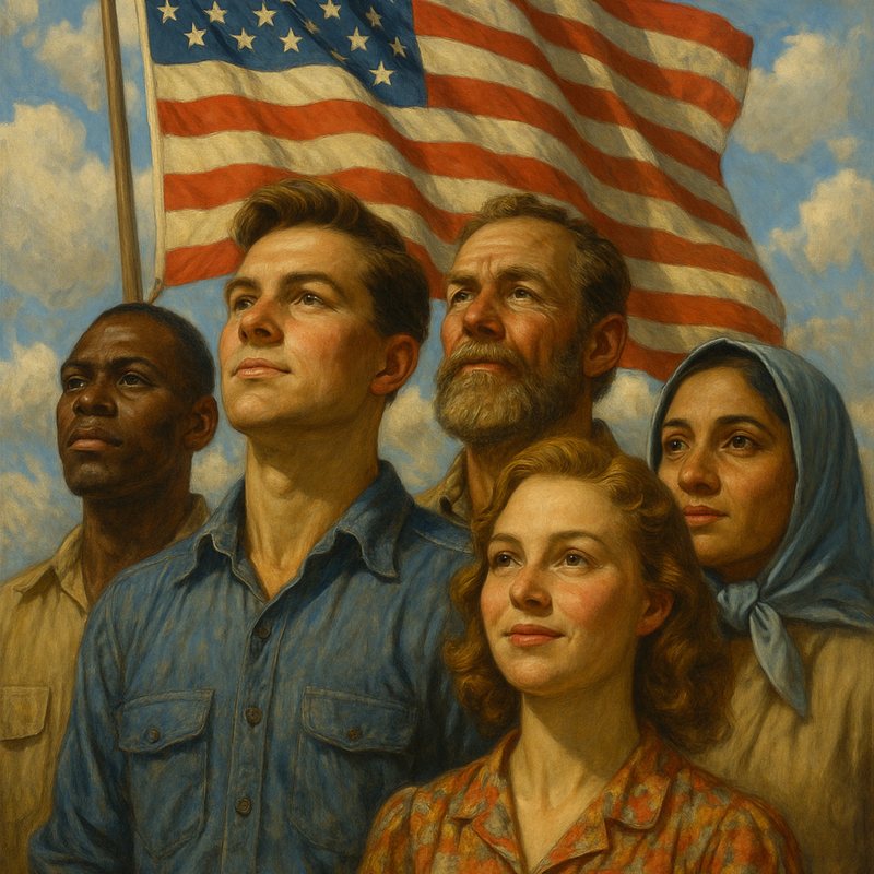 Painting of a diverse group of Americans gazing upward beneath a waving American flag.