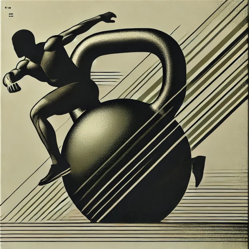 Art deco illustration of an athlete straining against a giant kettlebell.