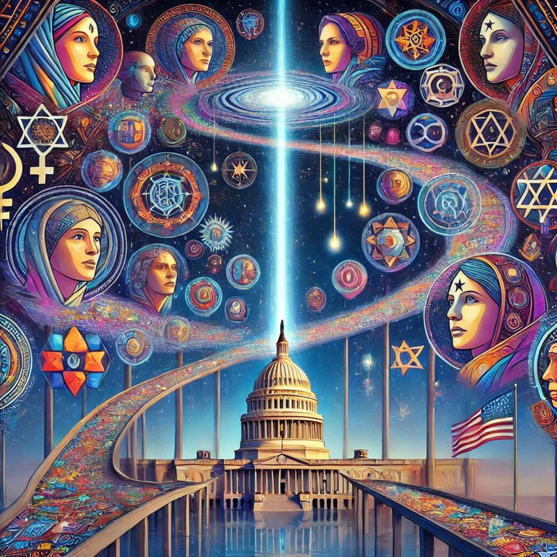 Cosmic painting of a light beam above the US Capitol, ringed by women's faces and religious symbols.