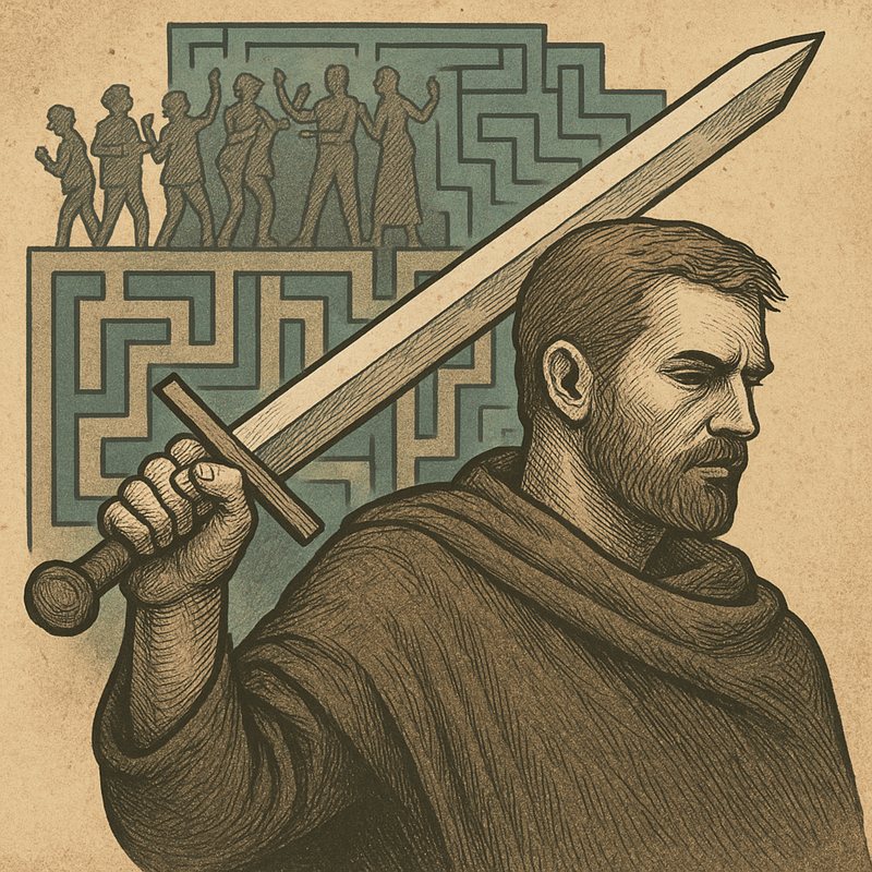 Engraving-style drawing of a bearded man raising a sword before a maze topped with dancing figures.