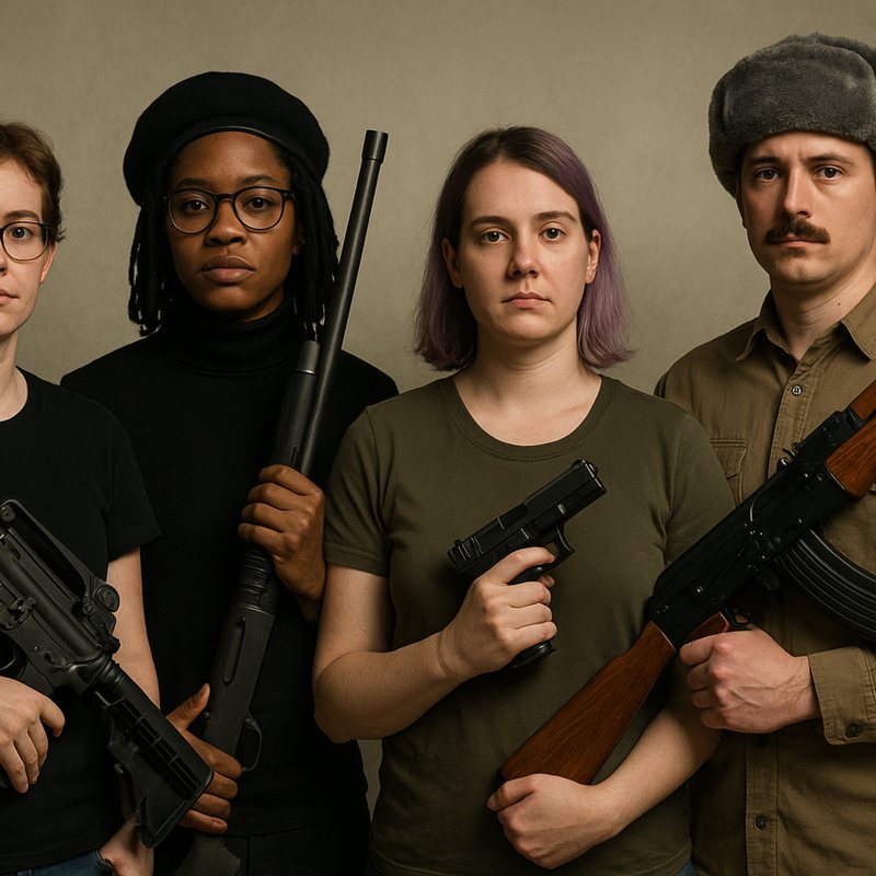 Four young people in dark clothes posing with rifles and a handgun.