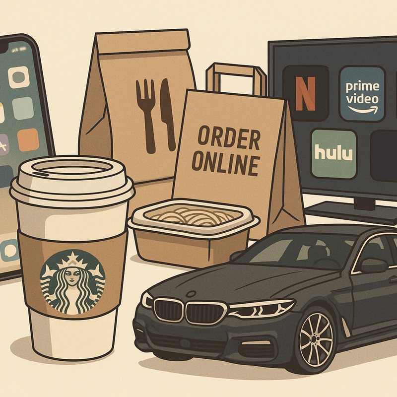 Illustration of a Starbucks cup, takeout bags marked "Order Online," a phone, streaming apps and a BMW.