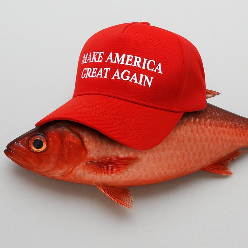 A red "Make America Great Again" cap resting on a red fish.