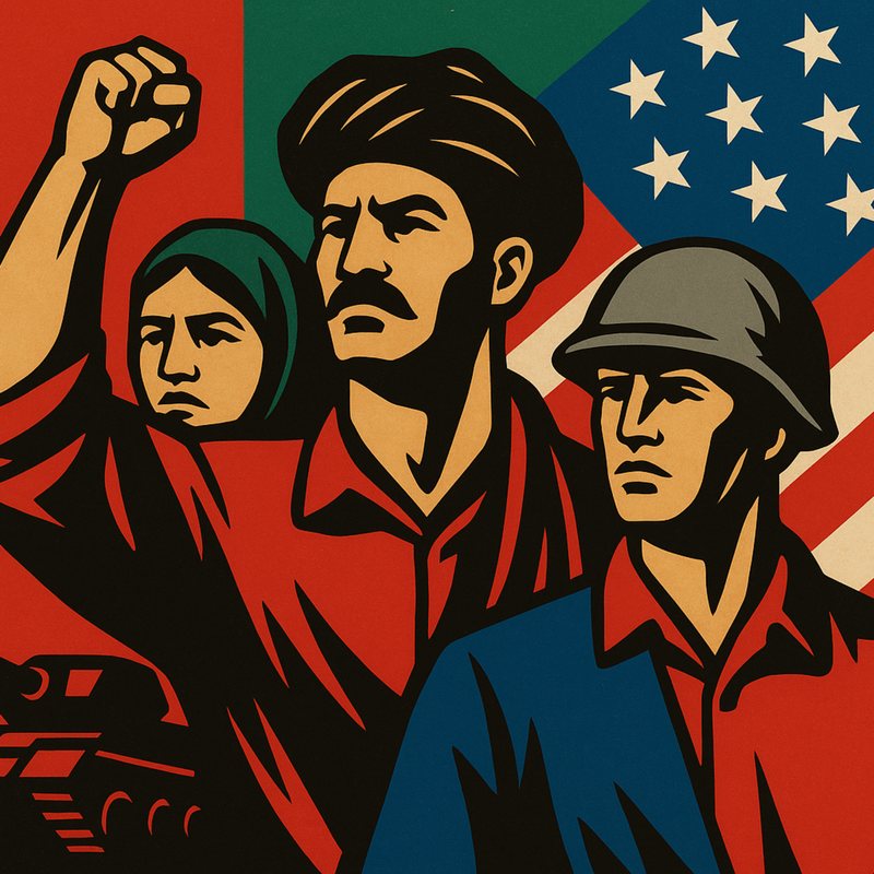 Propaganda-style poster of a woman, a man with a raised fist and a soldier before Iranian and American flags.