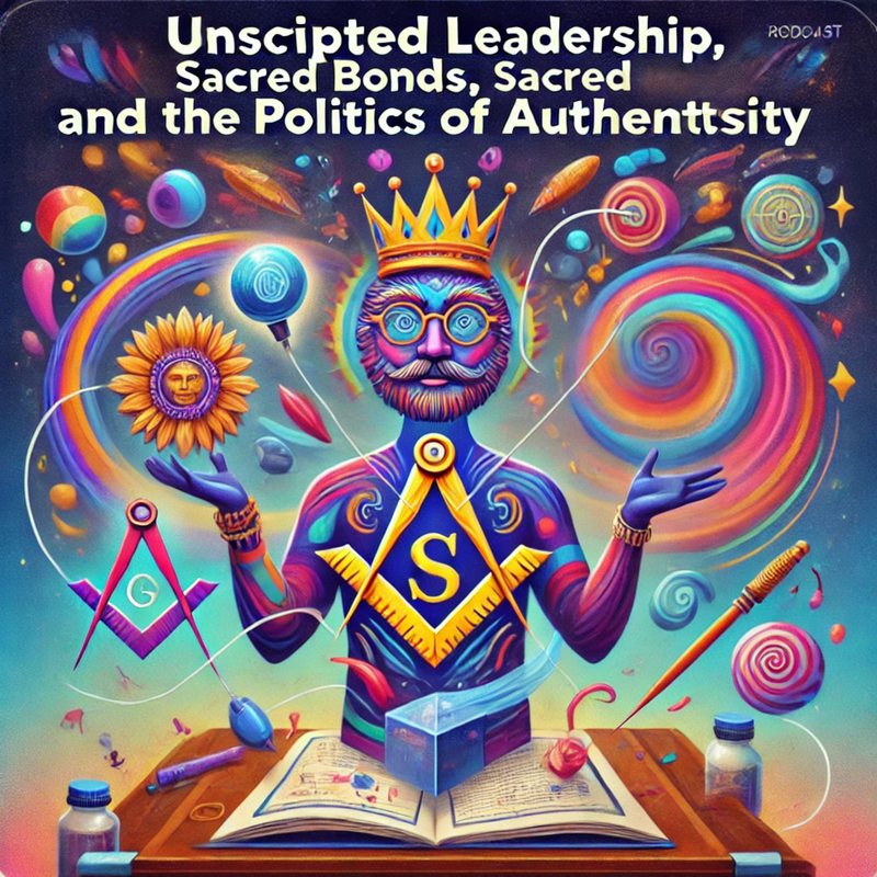 Illustration, "Unscripted Leadership, Sacred Bonds and the Politics of Authenticity": a crowned man with Masonic symbols.