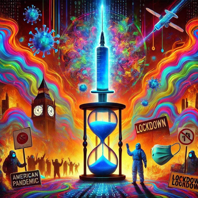Psychedelic scene of a syringe over an hourglass, with viruses, Big Ben and "Lockdown" signs.