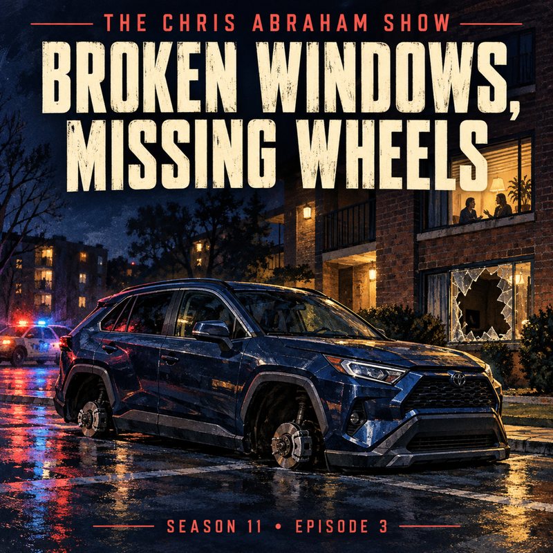 A blue SUV with all four wheels gone sits on its brake rotors outside a brick apartment building at night, police lights behind: "Broken Windows, Missing Wheels," Season 11, Episode 3.