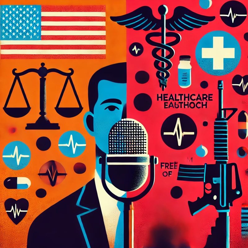 Illustration of a man at a microphone between scales of justice, a medical symbol and a rifle.