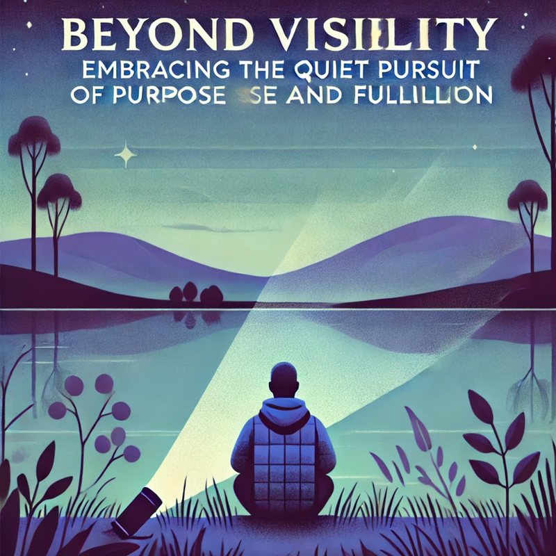Illustrated cover, "Beyond Visibility: Embracing the Quiet Pursuit of Purpose and Fulfillment": a man by a lake.