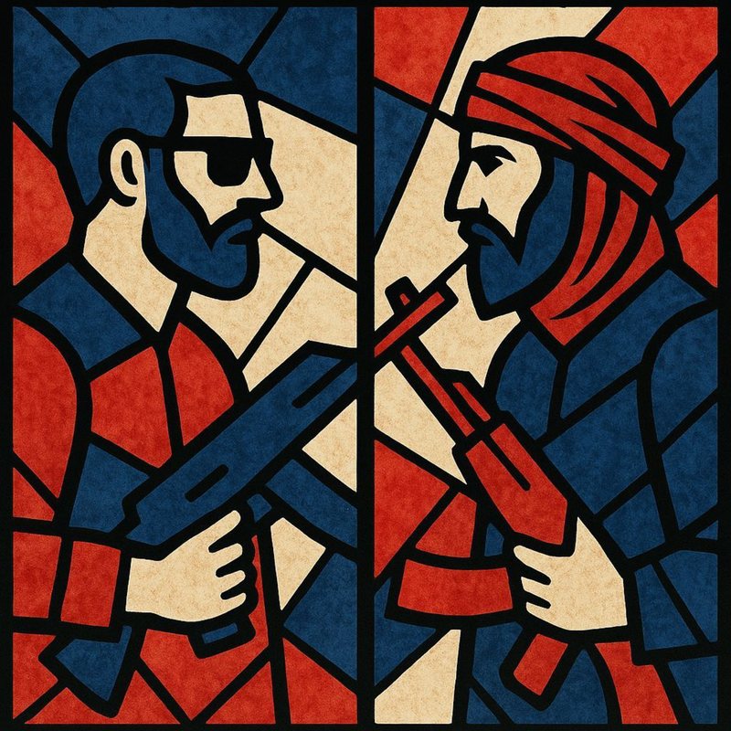 Stained glass style art of two armed bearded men, one in sunglasses and one in a red turban, in red, white and blue.