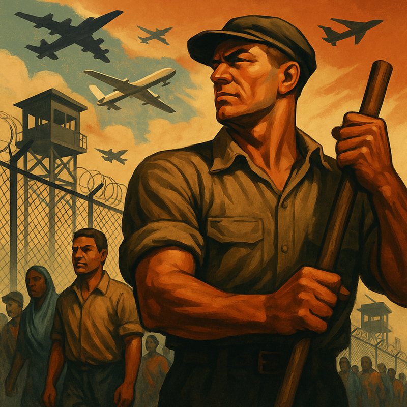 Propaganda-style poster of a laborer with a pickaxe before a prison camp fence, with planes overhead.