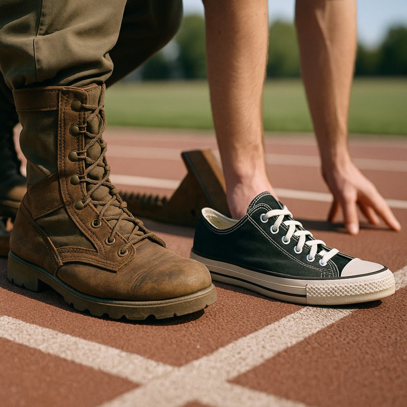 A combat boot and a canvas sneaker side by side at the starting line of a running track.