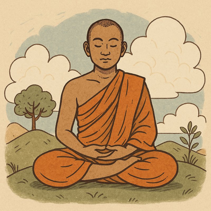 Drawing of a monk in an orange robe meditating cross-legged on a grassy hill.