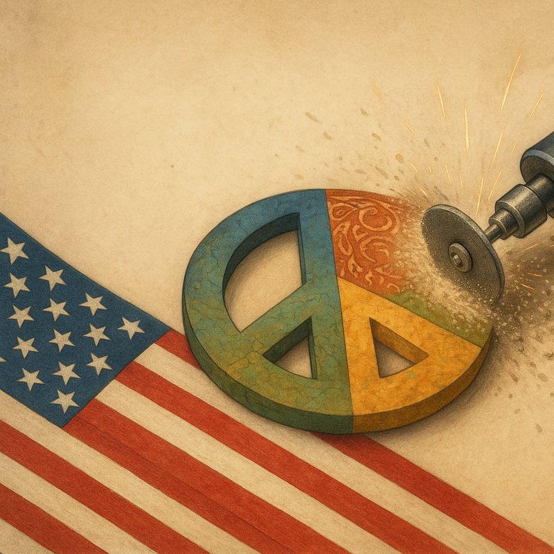 Illustration of a grinder sanding down a multicolored peace sign on an American flag.