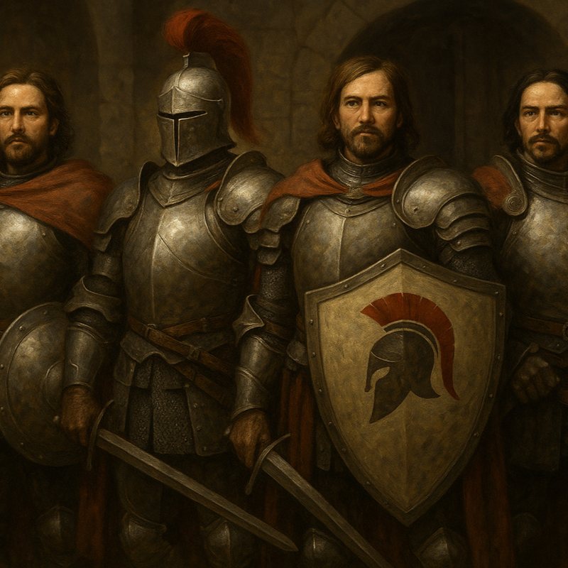 Painting of armored knights shoulder to shoulder, one shield bearing a Spartan helmet.