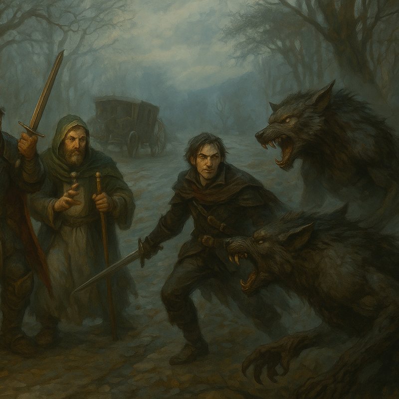 Painting of a ragged adventuring party fighting wolves in a misty forest.
