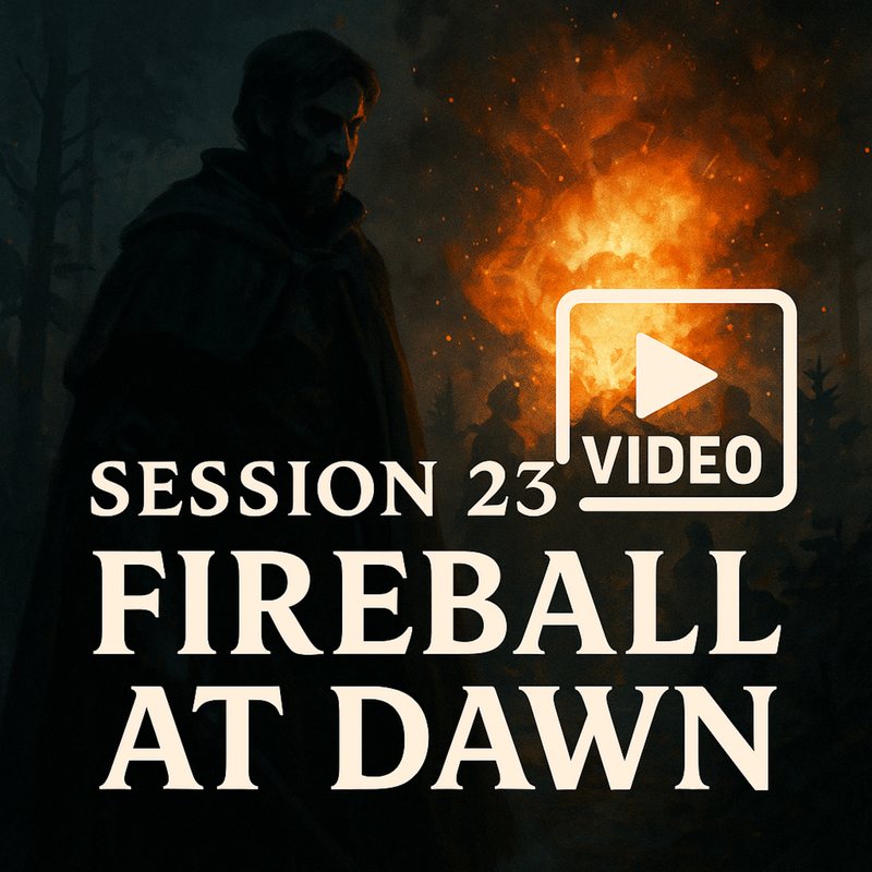 Cover of a cloaked figure before a burst of flame: "Session 23: Fireball at Dawn," with a video play icon.