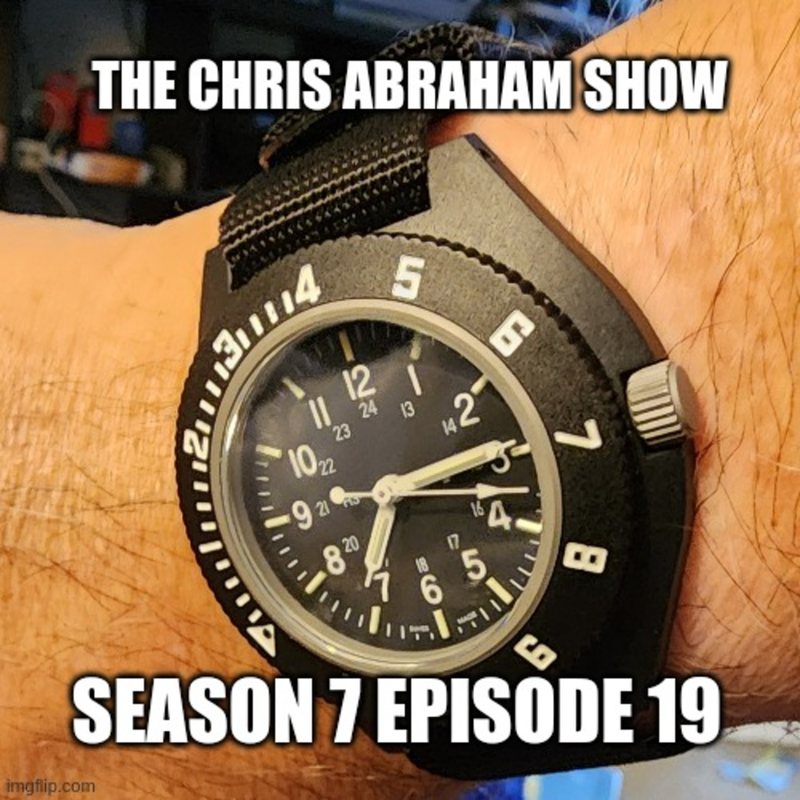 Chris's wrist wearing a black Marathon Navigator watch, captioned "The Chris Abraham Show, Season 7 Episode 19."