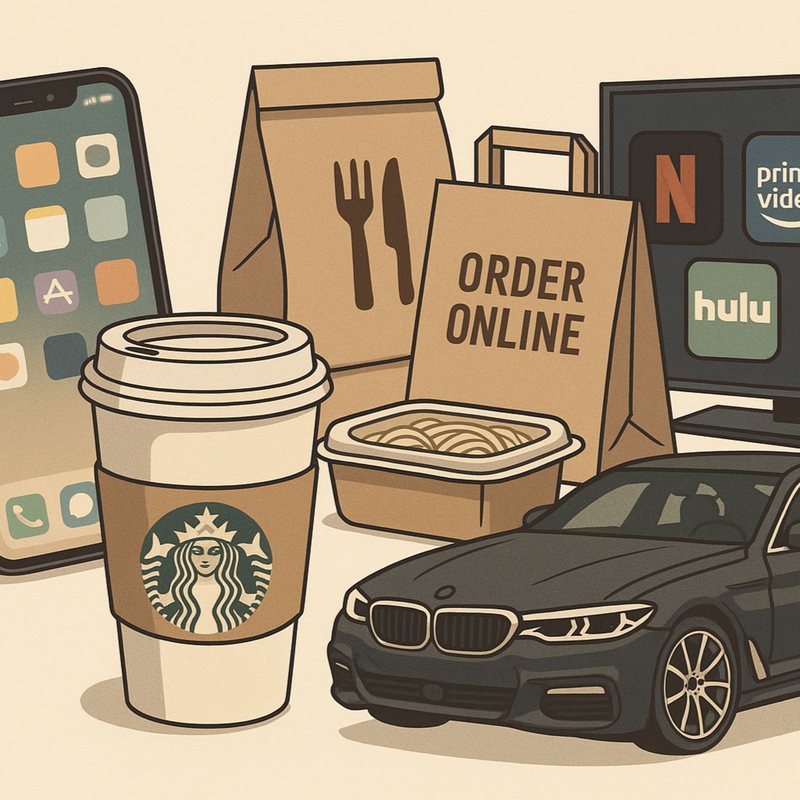 Illustration of a Starbucks cup, takeout bags marked "Order Online," a phone, streaming apps and a BMW.
