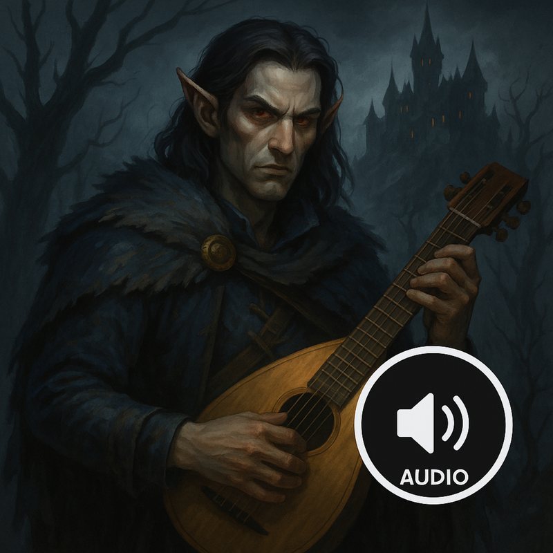 Painting of a brooding elf bard playing a lute below a dark castle, with an audio icon.