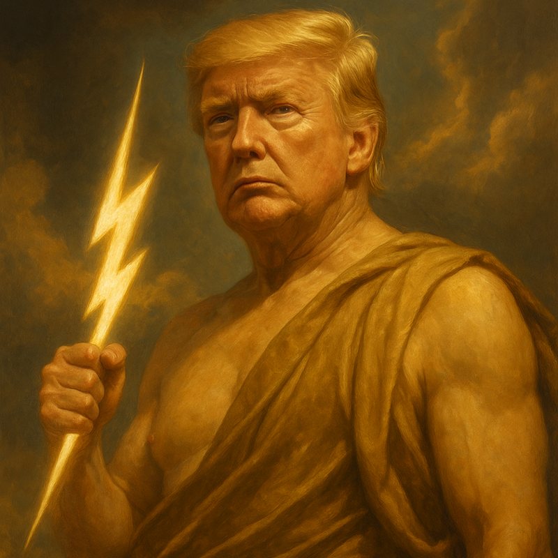 Painting of Donald Trump as Zeus in a golden robe, gripping a lightning bolt.