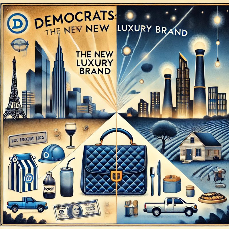 Illustration, "Democrats: The New Luxury Brand": a quilted designer handbag between skyscrapers and pickup trucks.