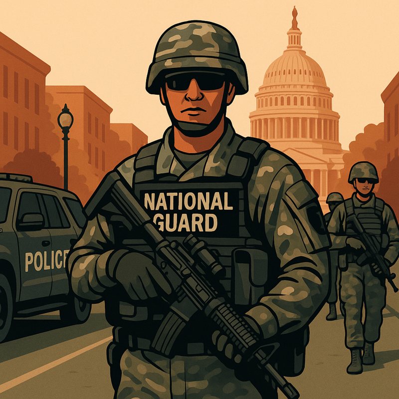 Illustration of an armed National Guard soldier on a city street, with police cars and the Capitol behind.