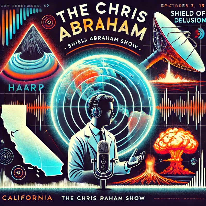 Illustrated cover, "Shield of Delusion": a man at a microphone with a radar dish, a volcano and California.