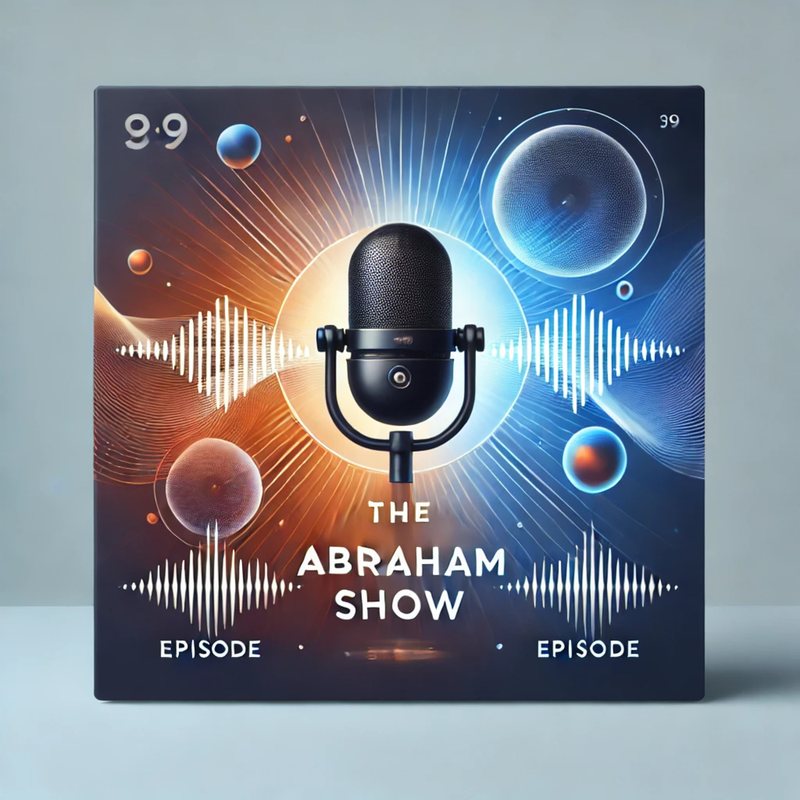 Mockup of a dark podcast cover with a microphone between sound waves, titled "The Abraham Show."