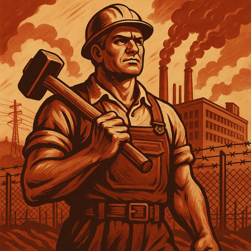 Propaganda-style poster of a worker with a sledgehammer before a fenced factory.