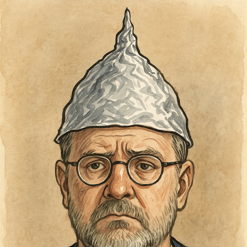 Drawing of a glum bearded man in round glasses wearing a tinfoil hat.
