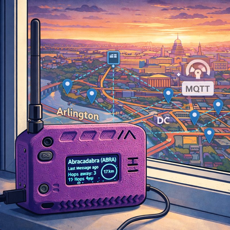 Illustration of a purple Meshtastic radio on a windowsill, over a map of Arlington and DC with message pins.