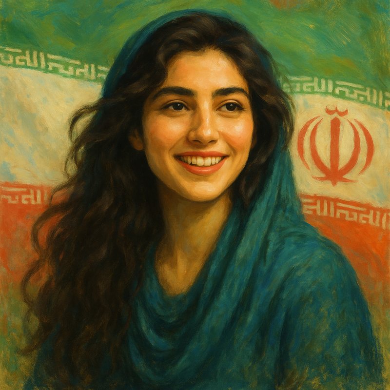 Painting of a smiling young woman in a teal headscarf before the flag of Iran.
