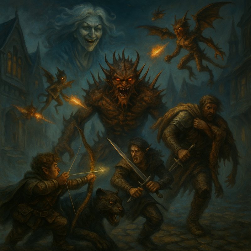 Painting of adventurers fighting a spiked devil and imps, with a ghostly old woman's face above.