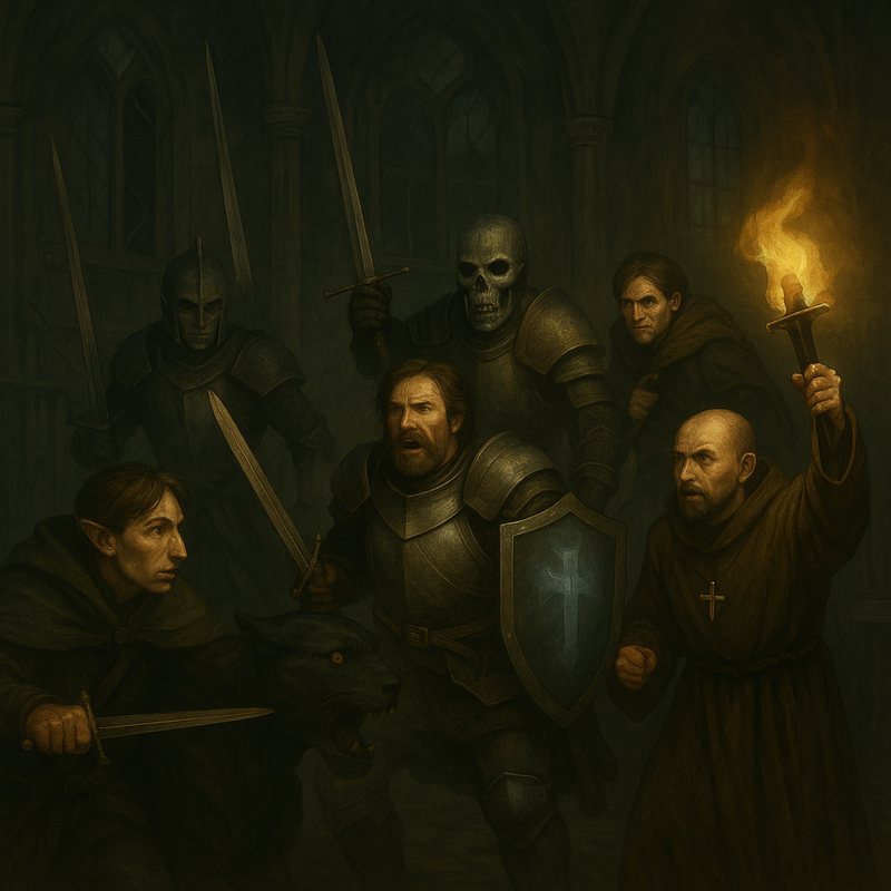 Dark painting of knights, a skeleton warrior and a monk with a torch in a gothic hall.