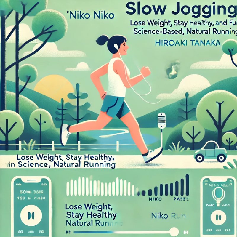 Illustrated cover, "Slow Jogging" by Hiroaki Tanaka: a woman jogging along a green park path, "Niko Niko."