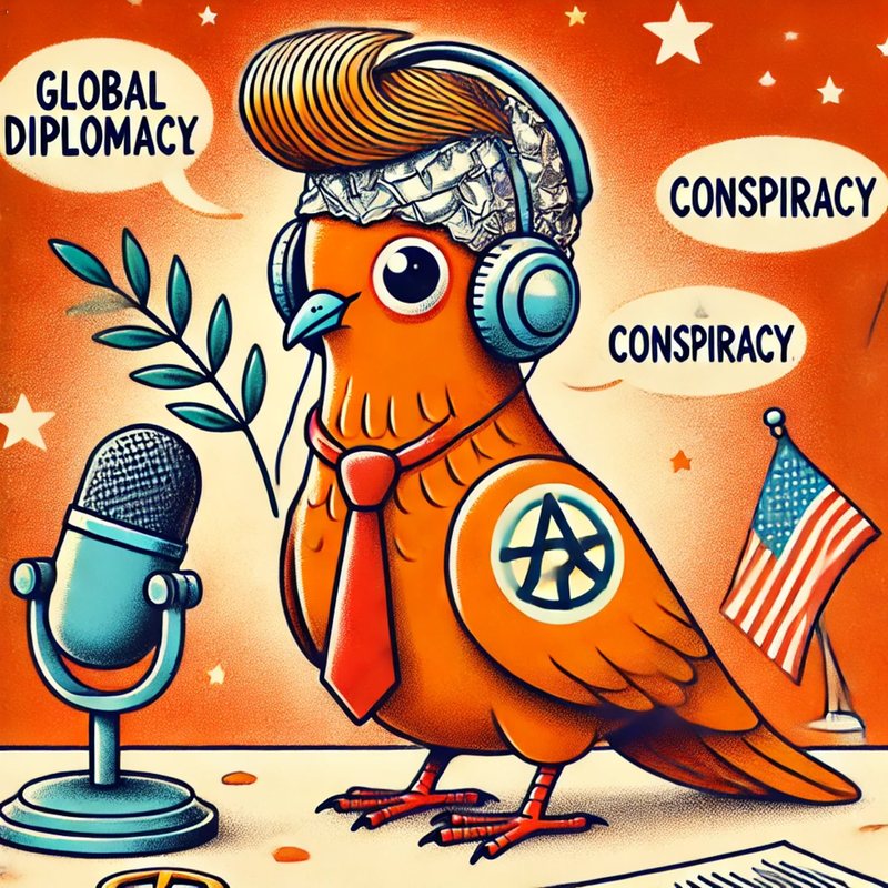 Cartoon of an orange bird in a tinfoil hat and headphones, with "Global Diplomacy" and "Conspiracy" bubbles.