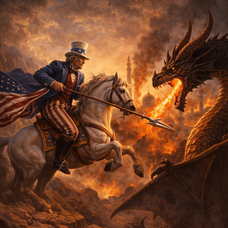 Painting of Uncle Sam on a rearing white horse, lancing a fire-breathing dragon over a burning city.