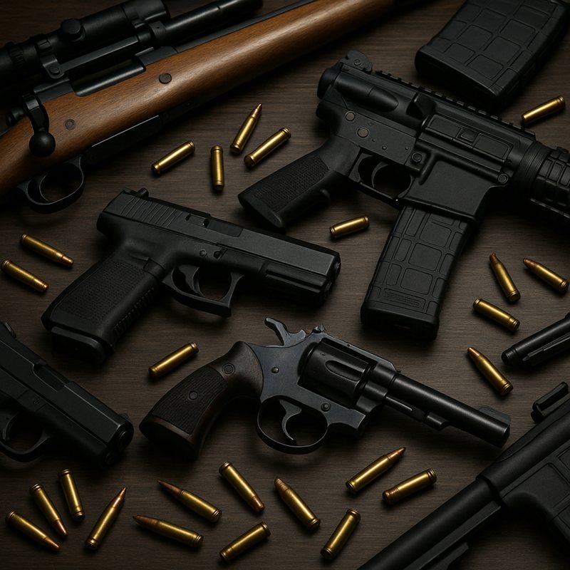 Rifles, handguns and loose bullets spread across a dark wooden table.