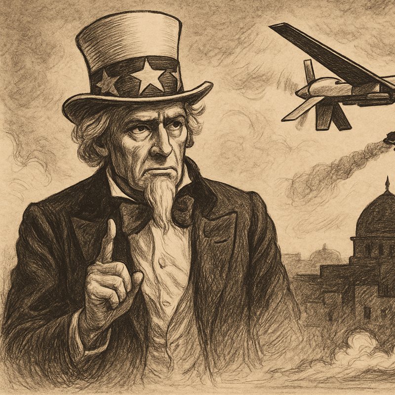 Pencil drawing of Uncle Sam pointing, with a drone and smoke over a domed city behind him.